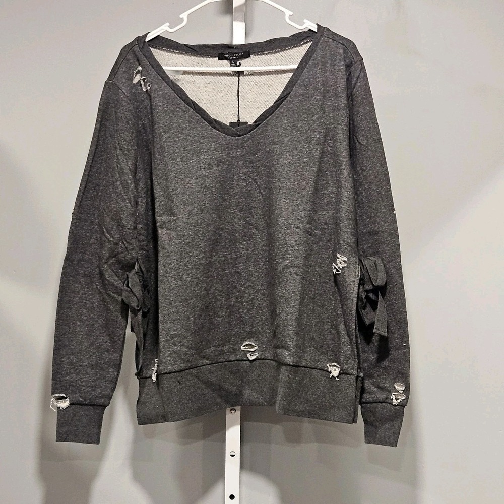 NWT Romeo & Juliet Couture Size L Distressed Sweatshirt Dk Gray Side Slit & Ties